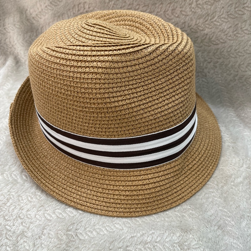 Tan Straw Hat with Striped Band - Picture 5 of 9